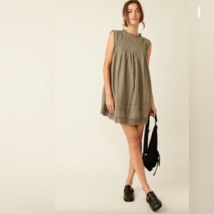 Free People Shea Solid Mini Dress Cotton-Blend with Lace Trim Size XS